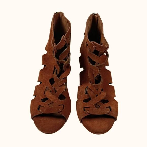 ZODIAC Women's‎ "Camila" Rust Suede Cut Out Open Toe Zip Booties Block Heel 8.5M - Picture 2 of 8